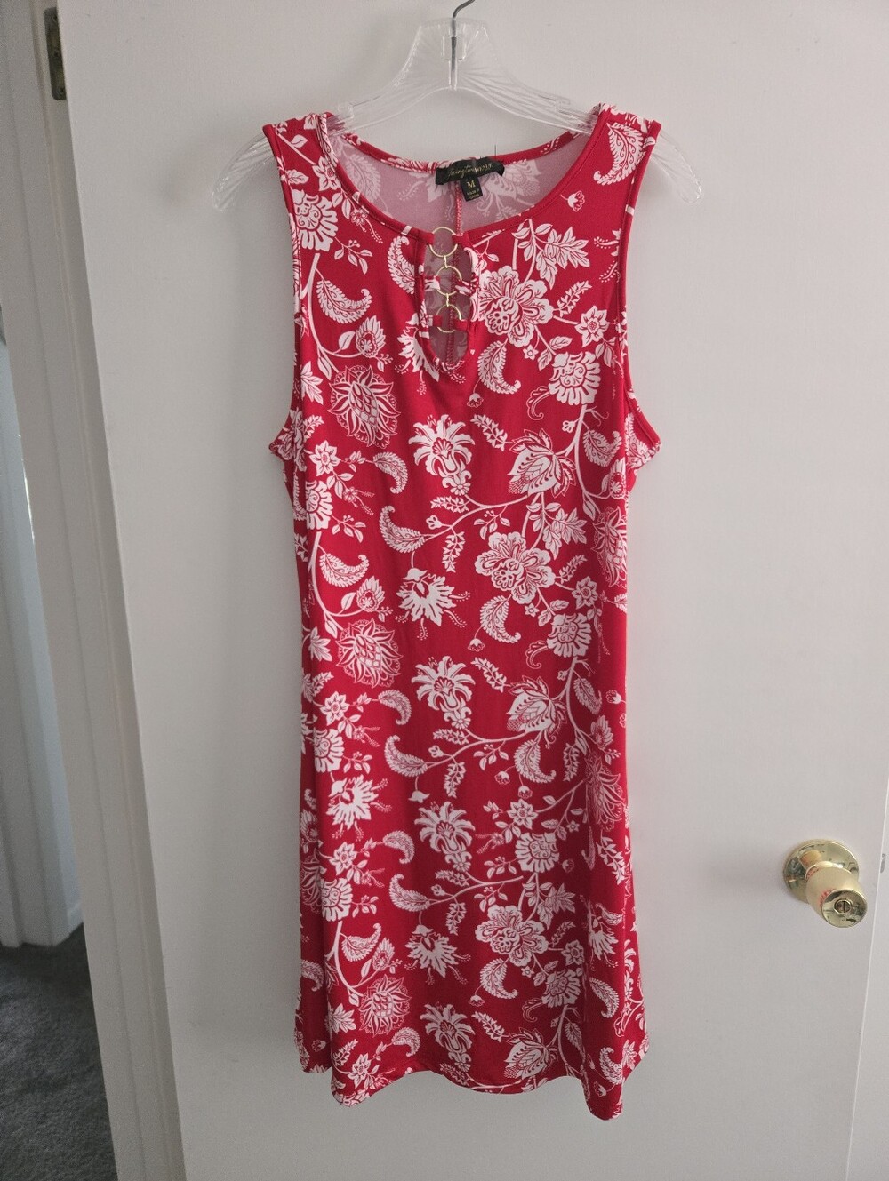Lexington Avenue NYC Red Floral Midi Dress with Gold Ring Detail